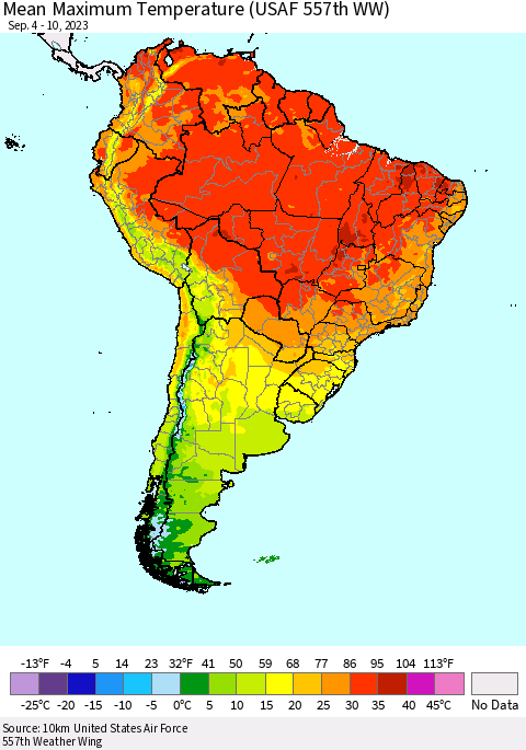 South America Mean Maximum Temperature (USAF 557th WW) Thematic Map For 9/4/2023 - 9/10/2023