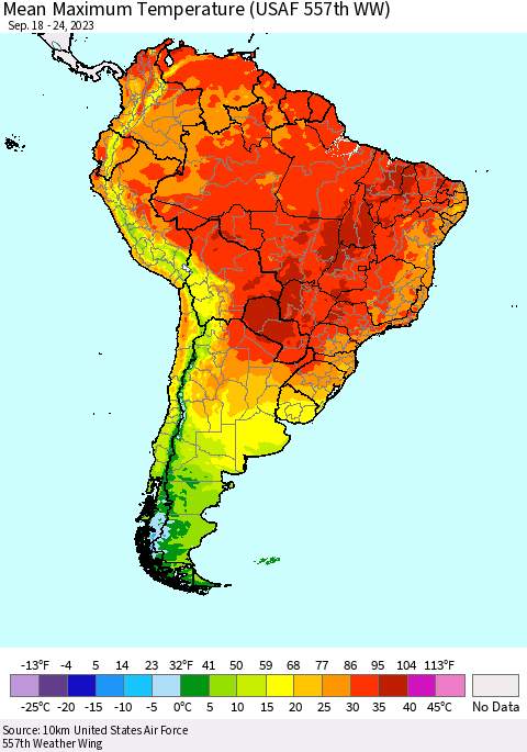 South America Mean Maximum Temperature (USAF 557th WW) Thematic Map For 9/18/2023 - 9/24/2023