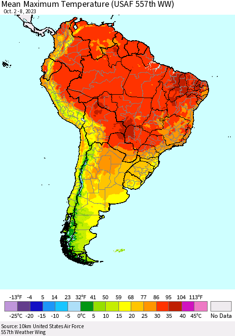 South America Mean Maximum Temperature (USAF 557th WW) Thematic Map For 10/2/2023 - 10/8/2023