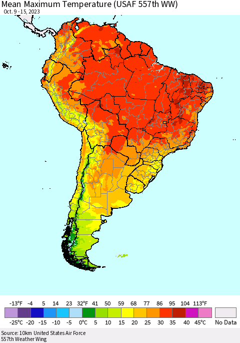 South America Mean Maximum Temperature (USAF 557th WW) Thematic Map For 10/9/2023 - 10/15/2023