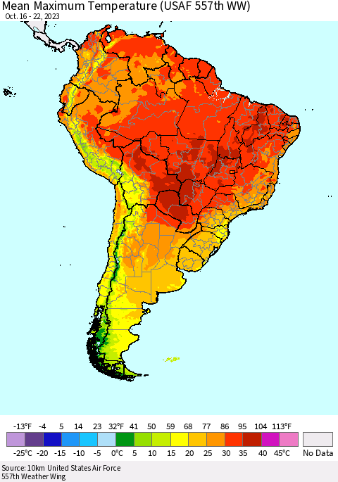 South America Mean Maximum Temperature (USAF 557th WW) Thematic Map For 10/16/2023 - 10/22/2023