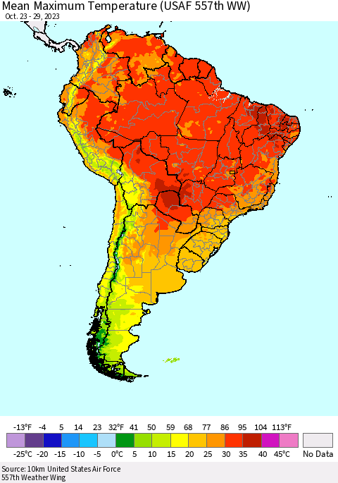 South America Mean Maximum Temperature (USAF 557th WW) Thematic Map For 10/23/2023 - 10/29/2023