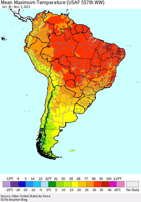 South America Mean Maximum Temperature (USAF 557th WW) Thematic Map For 10/30/2023 - 11/5/2023