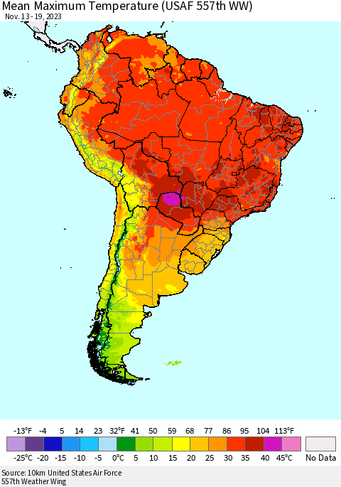 South America Mean Maximum Temperature (USAF 557th WW) Thematic Map For 11/13/2023 - 11/19/2023