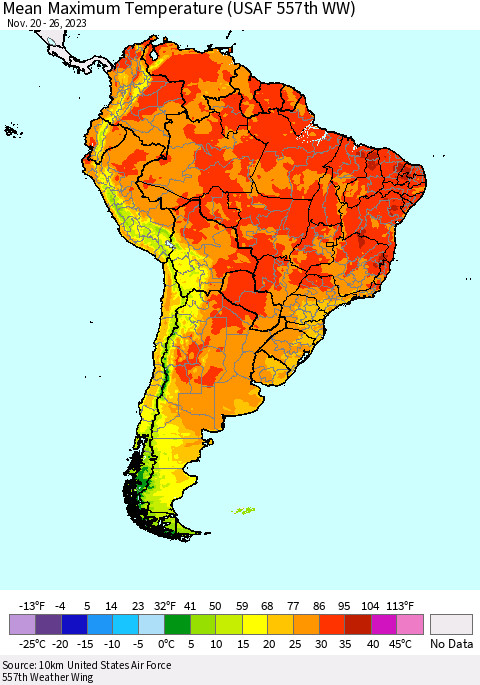 South America Mean Maximum Temperature (USAF 557th WW) Thematic Map For 11/20/2023 - 11/26/2023