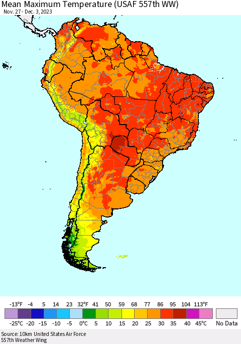 South America Mean Maximum Temperature (USAF 557th WW) Thematic Map For 11/27/2023 - 12/3/2023