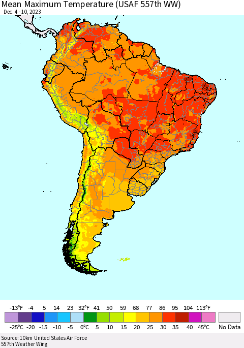 South America Mean Maximum Temperature (USAF 557th WW) Thematic Map For 12/4/2023 - 12/10/2023