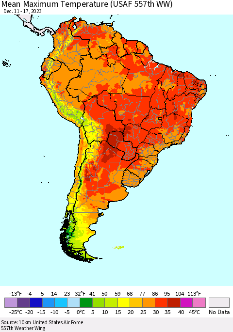 South America Mean Maximum Temperature (USAF 557th WW) Thematic Map For 12/11/2023 - 12/17/2023