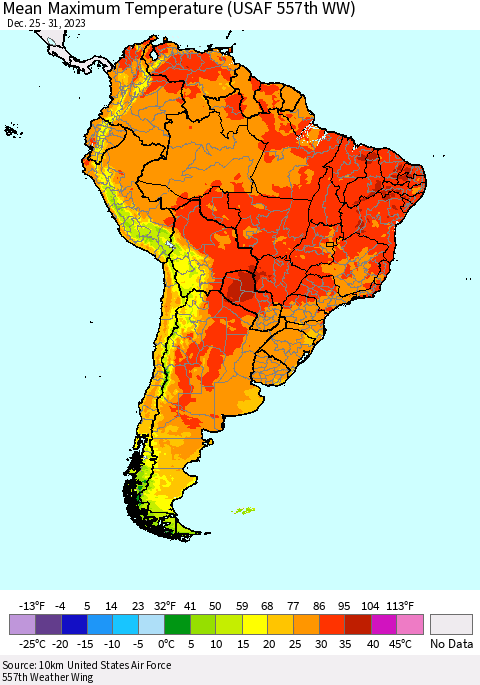 South America Mean Maximum Temperature (USAF 557th WW) Thematic Map For 12/25/2023 - 12/31/2023