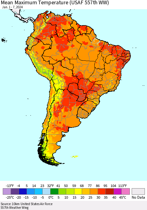 South America Mean Maximum Temperature (USAF 557th WW) Thematic Map For 1/1/2024 - 1/7/2024