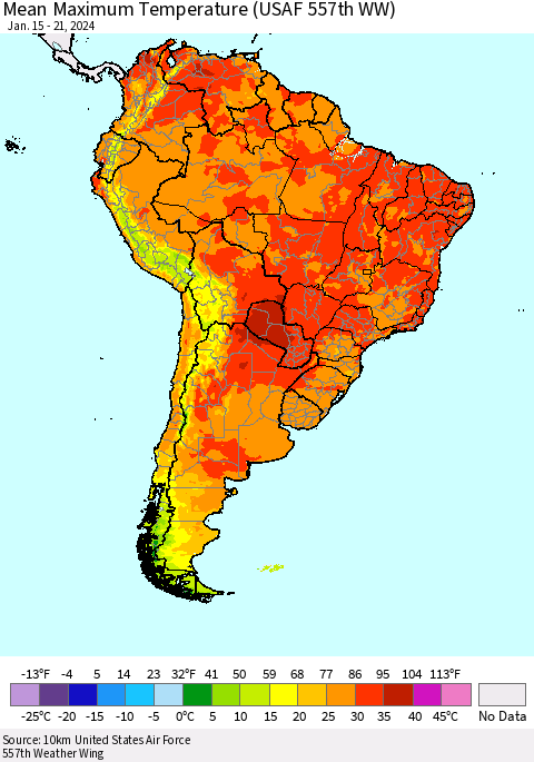 South America Mean Maximum Temperature (USAF 557th WW) Thematic Map For 1/15/2024 - 1/21/2024