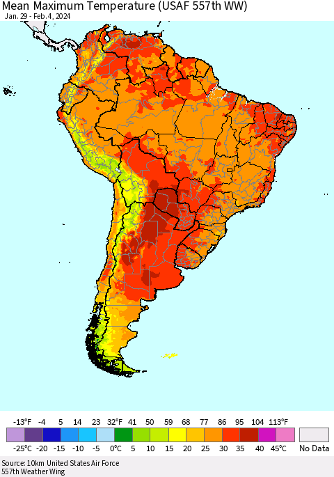 South America Mean Maximum Temperature (USAF 557th WW) Thematic Map For 1/29/2024 - 2/4/2024