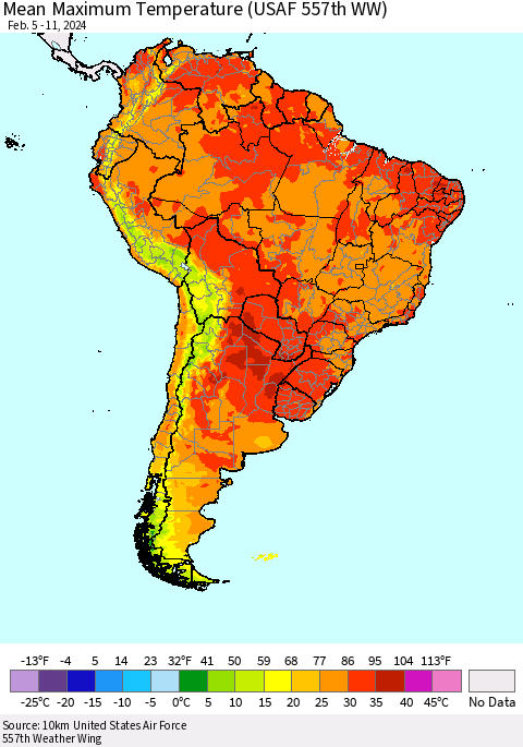 South America Mean Maximum Temperature (USAF 557th WW) Thematic Map For 2/5/2024 - 2/11/2024