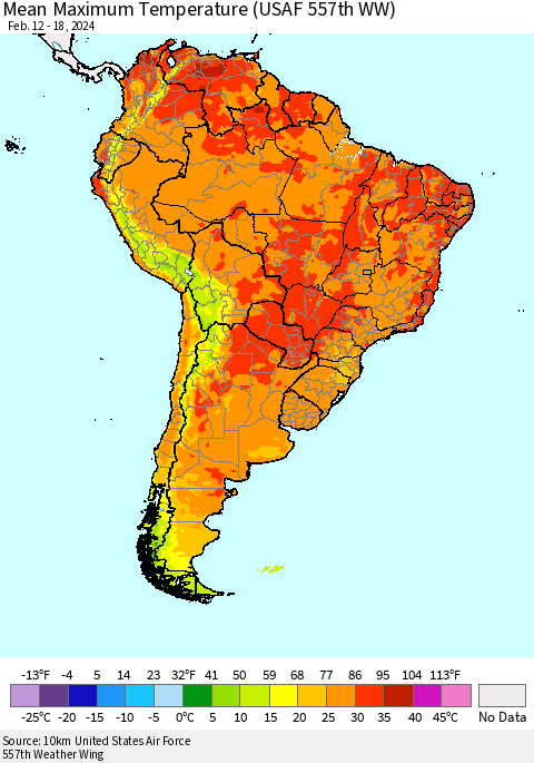 South America Mean Maximum Temperature (USAF 557th WW) Thematic Map For 2/12/2024 - 2/18/2024