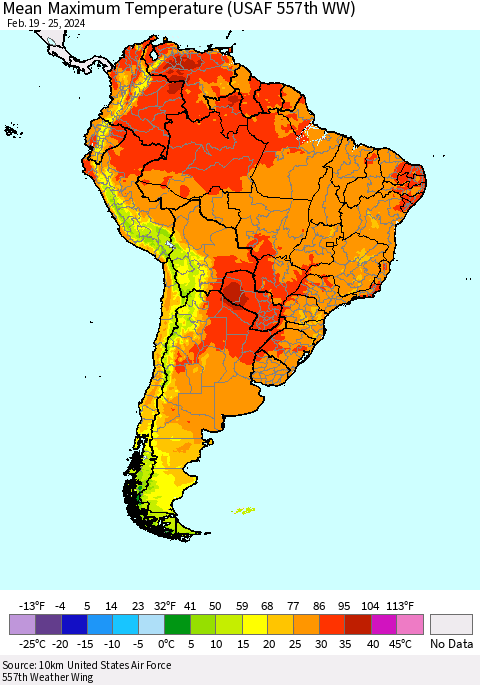 South America Mean Maximum Temperature (USAF 557th WW) Thematic Map For 2/19/2024 - 2/25/2024