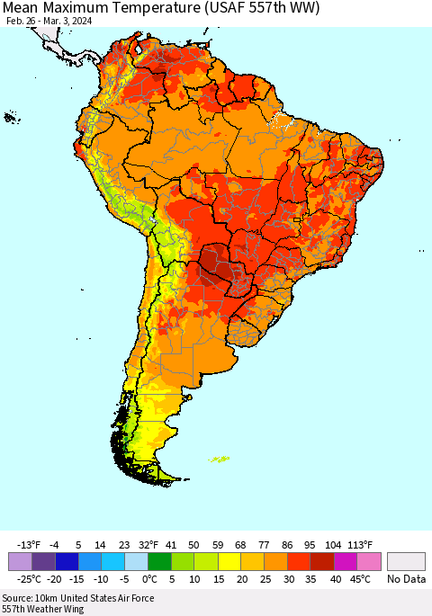 South America Mean Maximum Temperature (USAF 557th WW) Thematic Map For 2/26/2024 - 3/3/2024