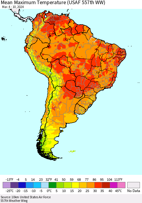 South America Mean Maximum Temperature (USAF 557th WW) Thematic Map For 3/4/2024 - 3/10/2024