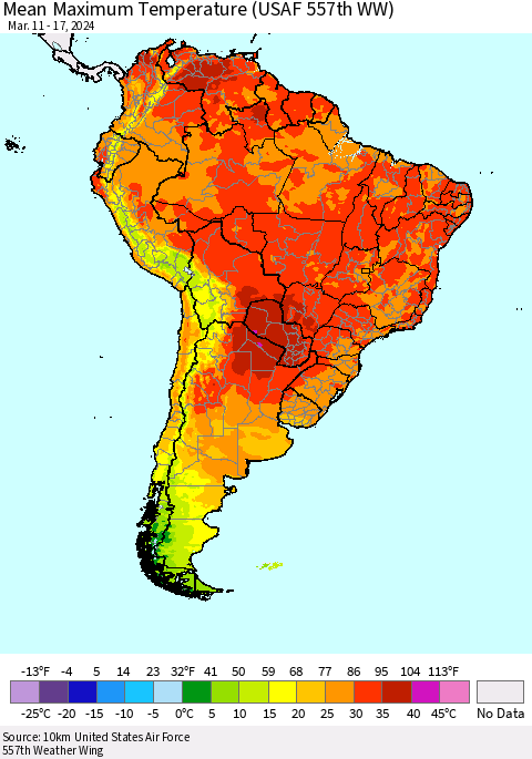 South America Mean Maximum Temperature (USAF 557th WW) Thematic Map For 3/11/2024 - 3/17/2024