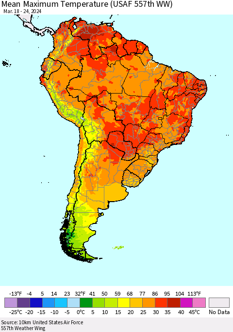 South America Mean Maximum Temperature (USAF 557th WW) Thematic Map For 3/18/2024 - 3/24/2024