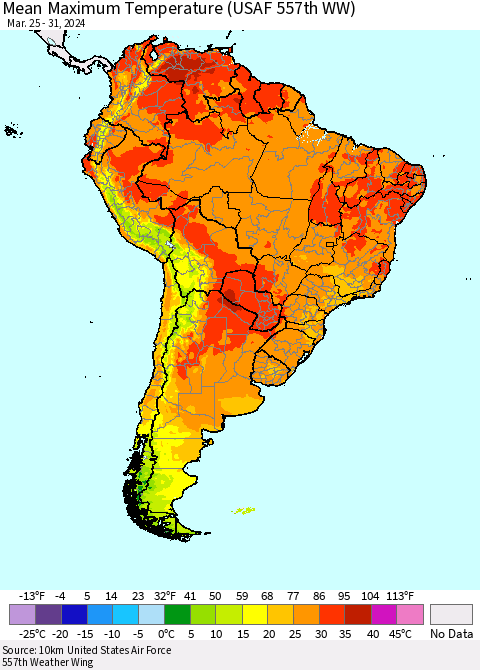 South America Mean Maximum Temperature (USAF 557th WW) Thematic Map For 3/25/2024 - 3/31/2024