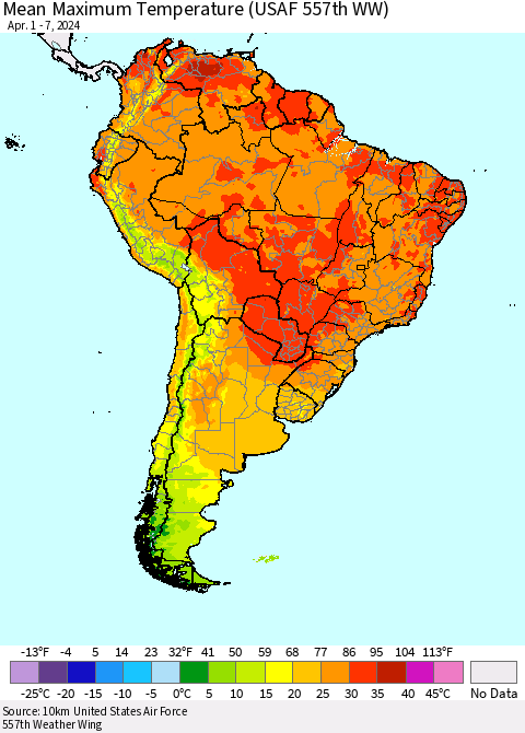 South America Mean Maximum Temperature (USAF 557th WW) Thematic Map For 4/1/2024 - 4/7/2024