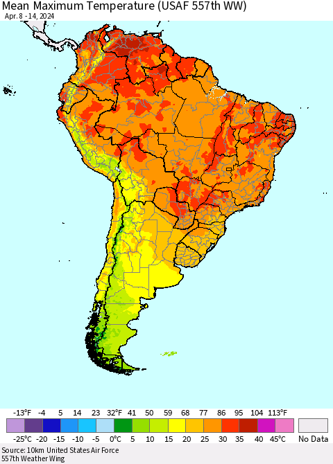 South America Mean Maximum Temperature (USAF 557th WW) Thematic Map For 4/8/2024 - 4/14/2024