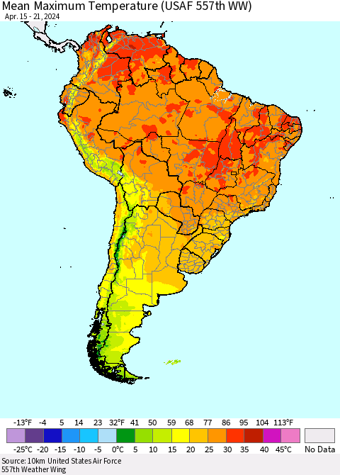 South America Mean Maximum Temperature (USAF 557th WW) Thematic Map For 4/15/2024 - 4/21/2024