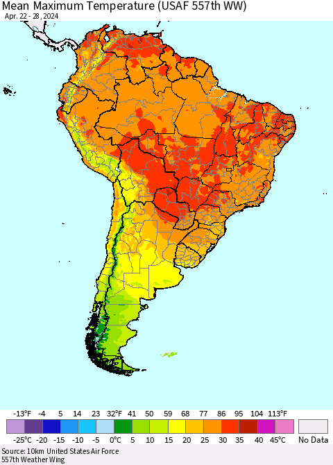 South America Mean Maximum Temperature (USAF 557th WW) Thematic Map For 4/22/2024 - 4/28/2024
