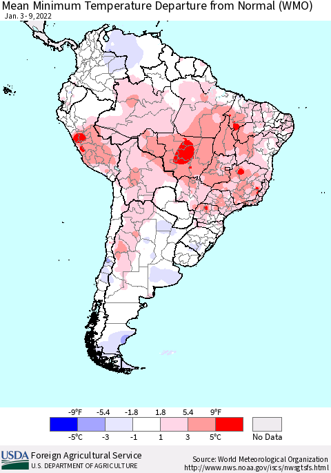 South America Mean Minimum Temperature Departure from Normal (WMO) Thematic Map For 1/3/2022 - 1/9/2022