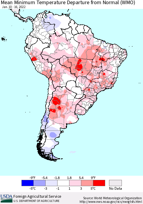 South America Mean Minimum Temperature Departure from Normal (WMO) Thematic Map For 1/10/2022 - 1/16/2022
