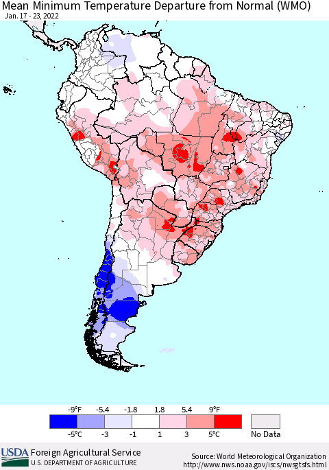 South America Mean Minimum Temperature Departure from Normal (WMO) Thematic Map For 1/17/2022 - 1/23/2022