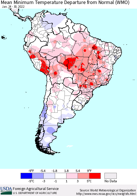 South America Mean Minimum Temperature Departure from Normal (WMO) Thematic Map For 1/24/2022 - 1/30/2022