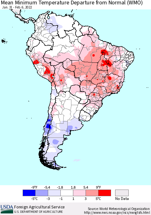 South America Mean Minimum Temperature Departure from Normal (WMO) Thematic Map For 1/31/2022 - 2/6/2022