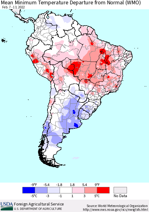 South America Mean Minimum Temperature Departure from Normal (WMO) Thematic Map For 2/7/2022 - 2/13/2022