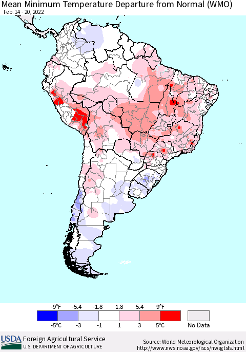 South America Mean Minimum Temperature Departure from Normal (WMO) Thematic Map For 2/14/2022 - 2/20/2022
