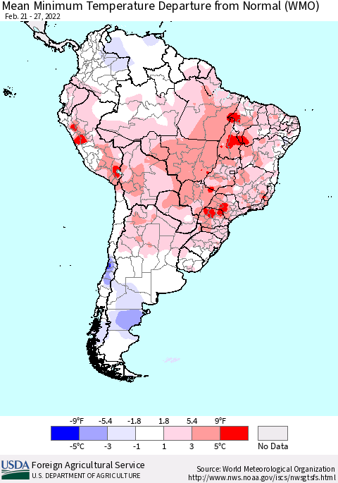 South America Mean Minimum Temperature Departure from Normal (WMO) Thematic Map For 2/21/2022 - 2/27/2022