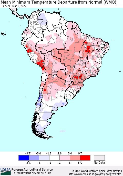 South America Mean Minimum Temperature Departure from Normal (WMO) Thematic Map For 2/28/2022 - 3/6/2022
