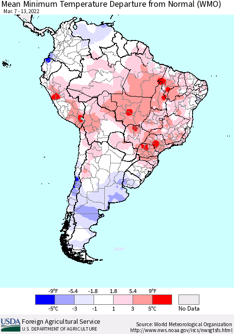 South America Mean Minimum Temperature Departure from Normal (WMO) Thematic Map For 3/7/2022 - 3/13/2022