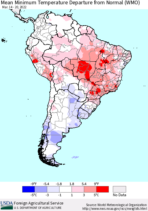 South America Mean Minimum Temperature Departure from Normal (WMO) Thematic Map For 3/14/2022 - 3/20/2022
