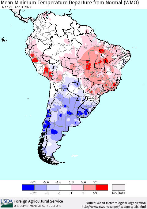 South America Mean Minimum Temperature Departure from Normal (WMO) Thematic Map For 3/28/2022 - 4/3/2022