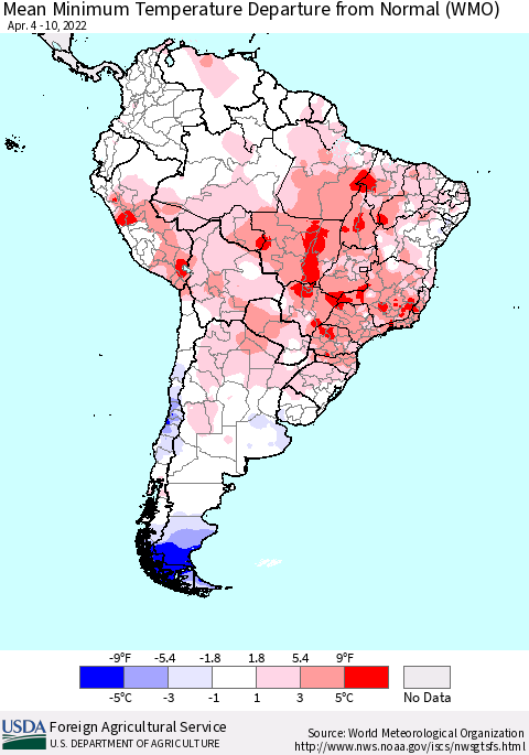 South America Mean Minimum Temperature Departure from Normal (WMO) Thematic Map For 4/4/2022 - 4/10/2022