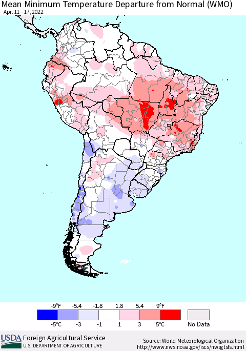 South America Mean Minimum Temperature Departure from Normal (WMO) Thematic Map For 4/11/2022 - 4/17/2022