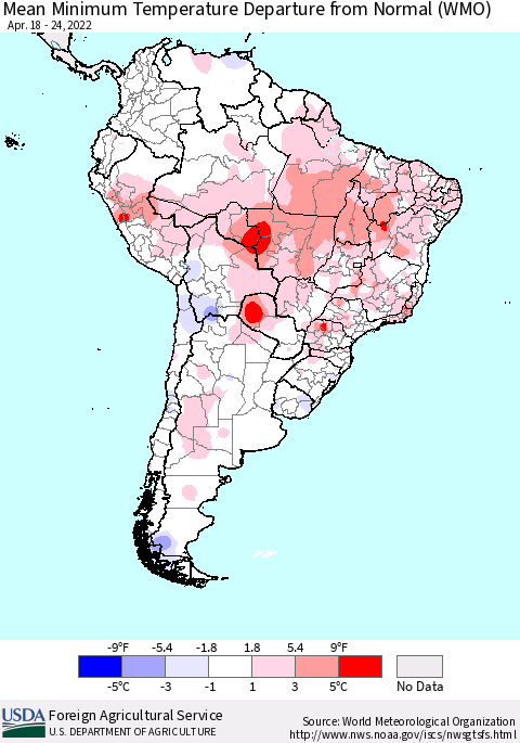 South America Mean Minimum Temperature Departure from Normal (WMO) Thematic Map For 4/18/2022 - 4/24/2022