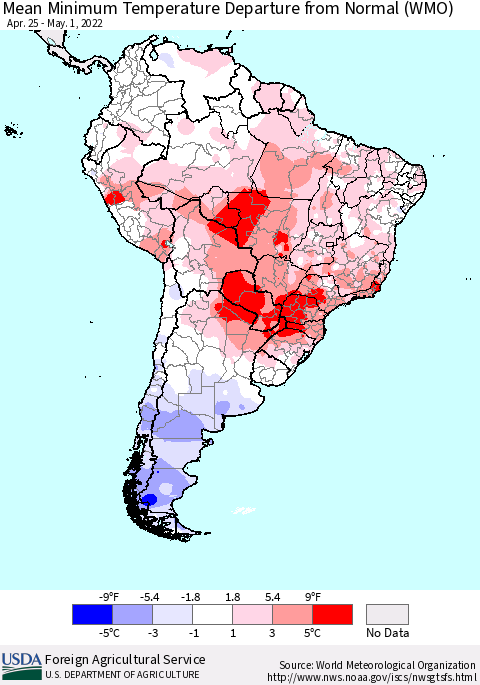 South America Mean Minimum Temperature Departure from Normal (WMO) Thematic Map For 4/25/2022 - 5/1/2022