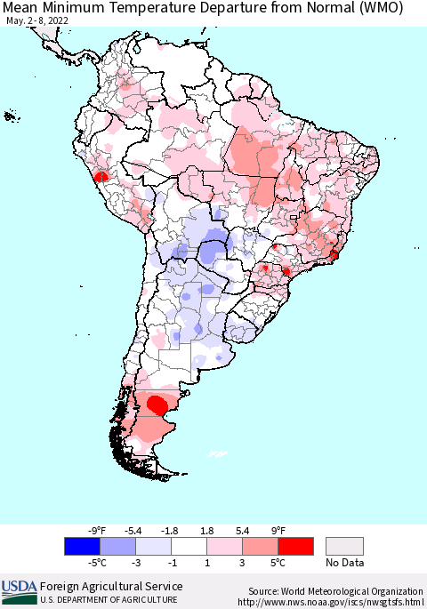 South America Mean Minimum Temperature Departure from Normal (WMO) Thematic Map For 5/2/2022 - 5/8/2022