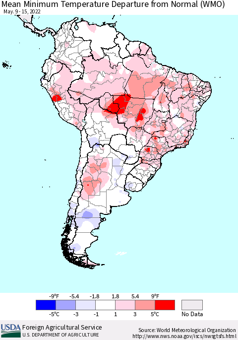 South America Mean Minimum Temperature Departure from Normal (WMO) Thematic Map For 5/9/2022 - 5/15/2022