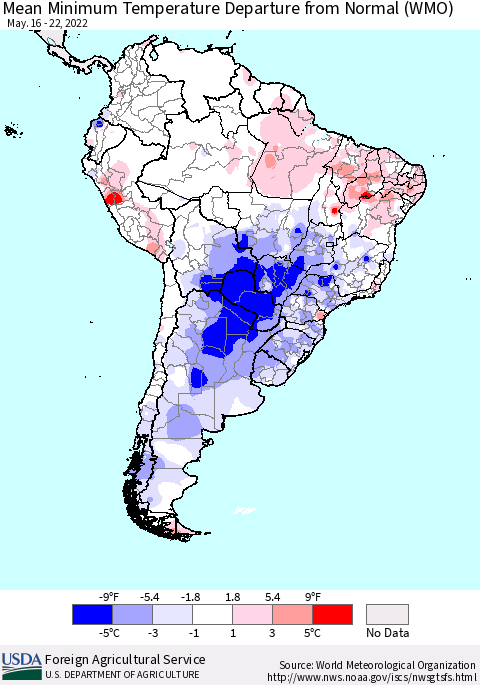 South America Mean Minimum Temperature Departure from Normal (WMO) Thematic Map For 5/16/2022 - 5/22/2022