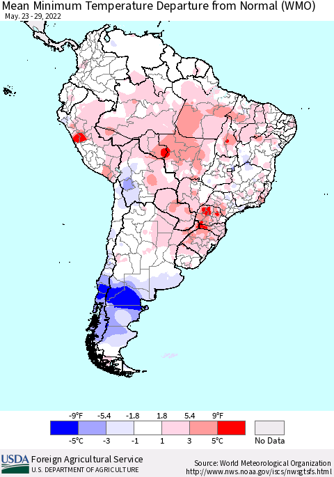 South America Mean Minimum Temperature Departure from Normal (WMO) Thematic Map For 5/23/2022 - 5/29/2022
