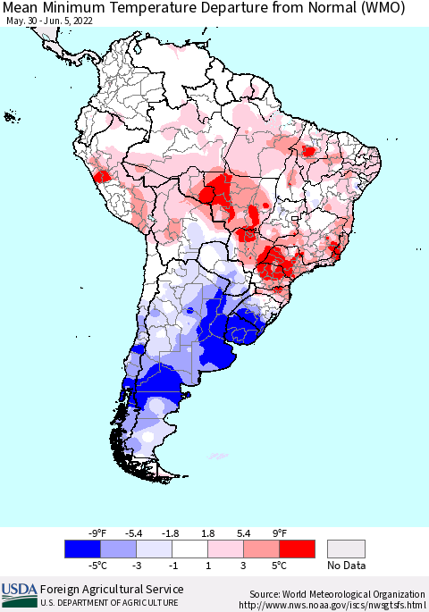 South America Mean Minimum Temperature Departure from Normal (WMO) Thematic Map For 5/30/2022 - 6/5/2022