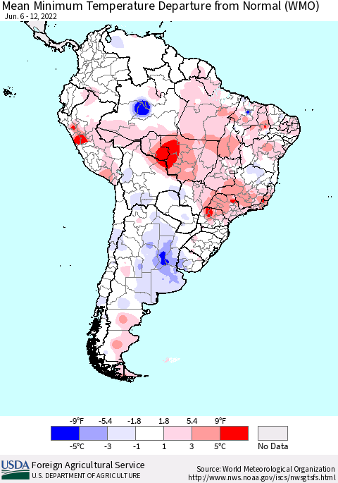 South America Mean Minimum Temperature Departure from Normal (WMO) Thematic Map For 6/6/2022 - 6/12/2022